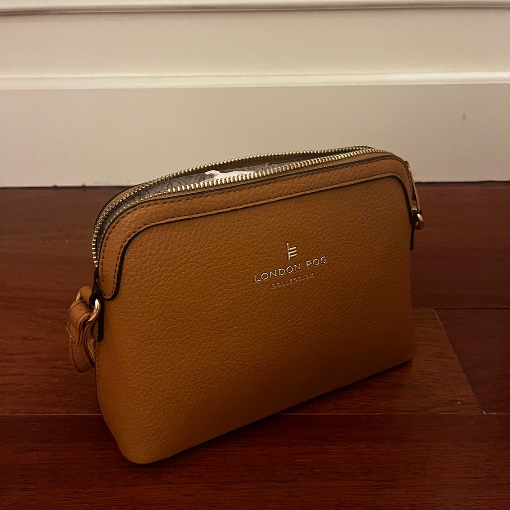 London Fog Pebbled Leather Cognac Crossbody Purse